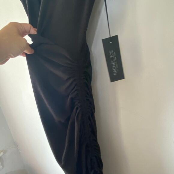 Rachel Zoe Black Midi Dress L Ribbed Knit Ruched Side Sleeveless Bodycon Stretch - Picture 5 of 8